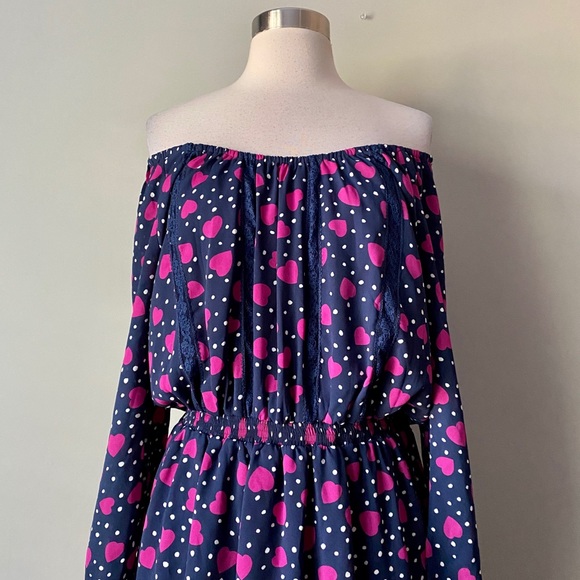 NWT Vicky Tiel Heart Polka Dot Off Shoulder Fit & Flare Dress Womens Size Small - Picture 2 of 8